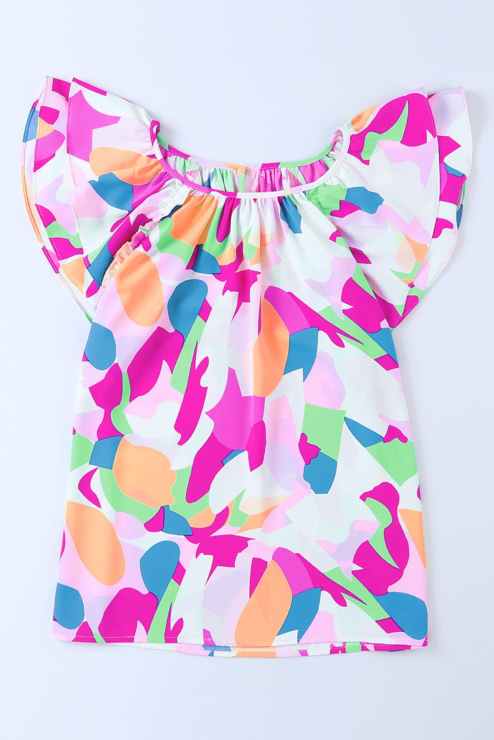 Multicolor Abstract Pattern Ruffle Sleeve Blouse