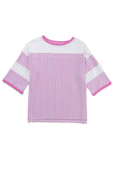 Pink Stripe Patchwork Bracelet Sleeve Plus Size T Shirt