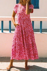 Pink Spotted Print Short Sleeve Flare Tiered Dress