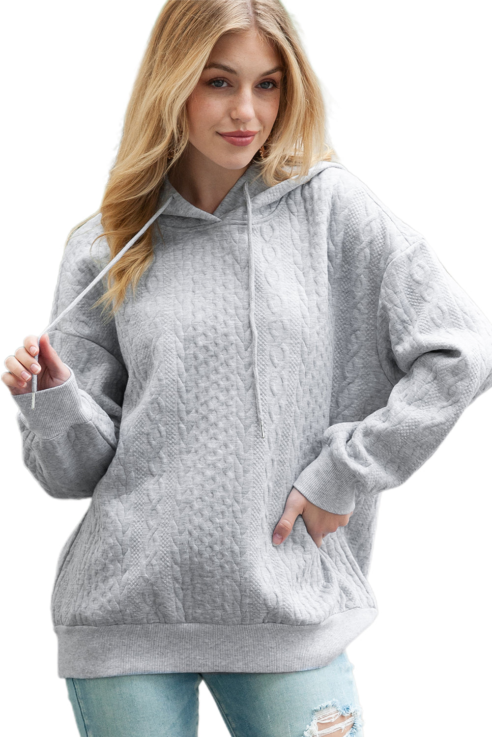 Gray Cable Textured Casual Drawstring Hoodie