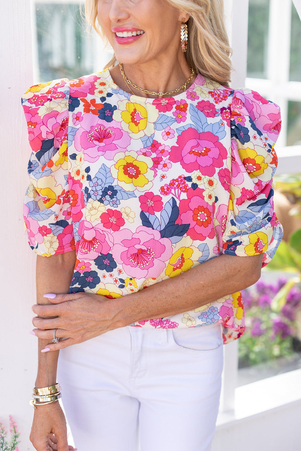 Red Ruched Puff Sleeve Floral Blouse