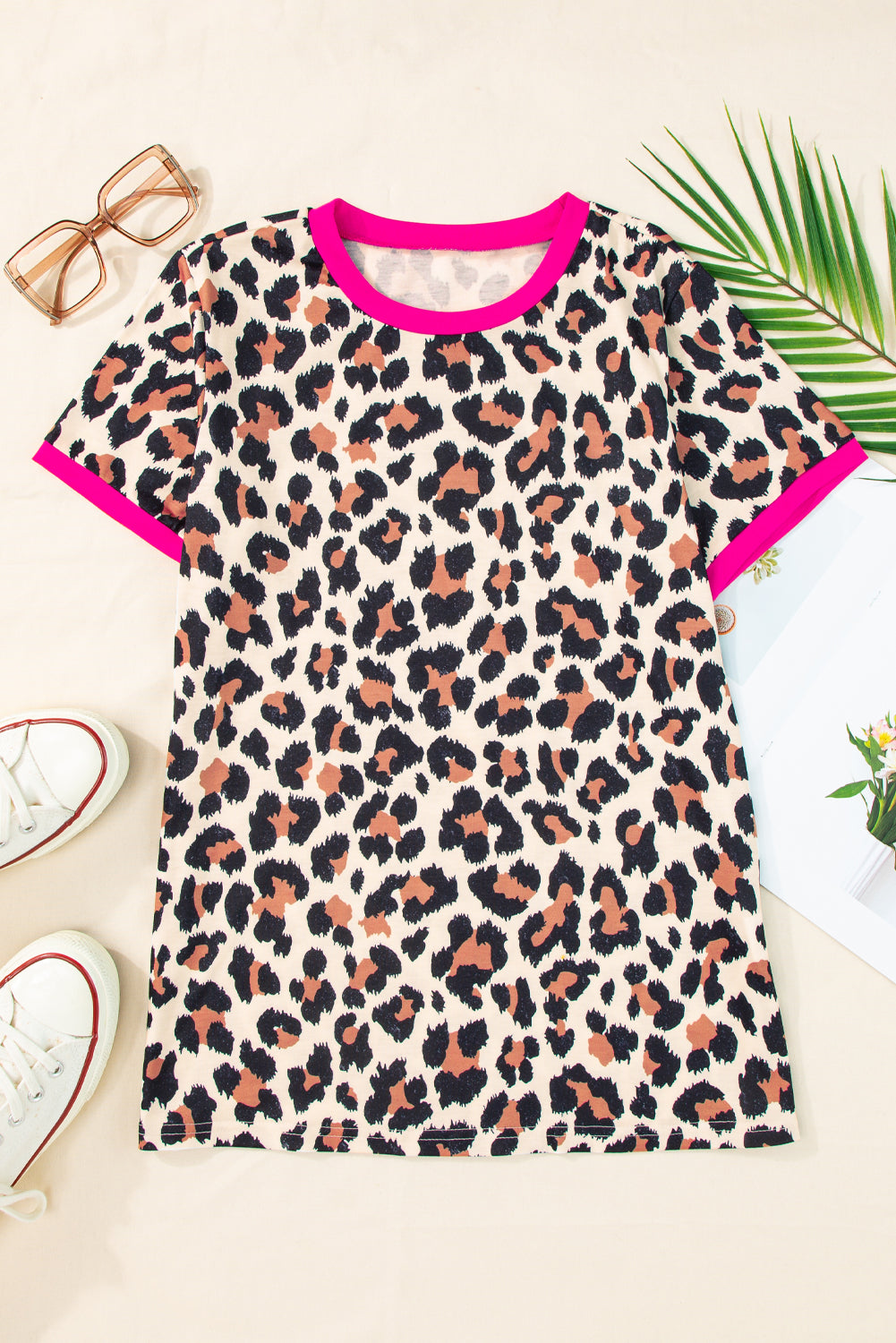 White Leopard Print Contrast Trim T-shirt