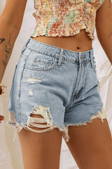 Light Blue Distressed Washed Raw Hem Denim Shorts