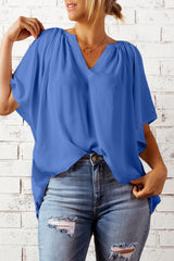 Blue Casual Split Neck Pleated Loose Short Sleeve Blouse