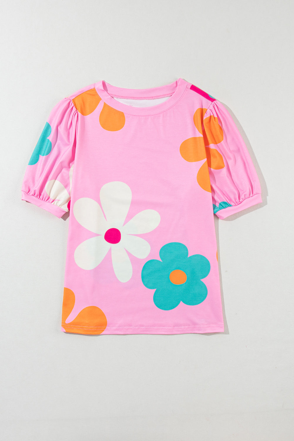 Pink Colorful Flower Print Bubble Sleeve Tee