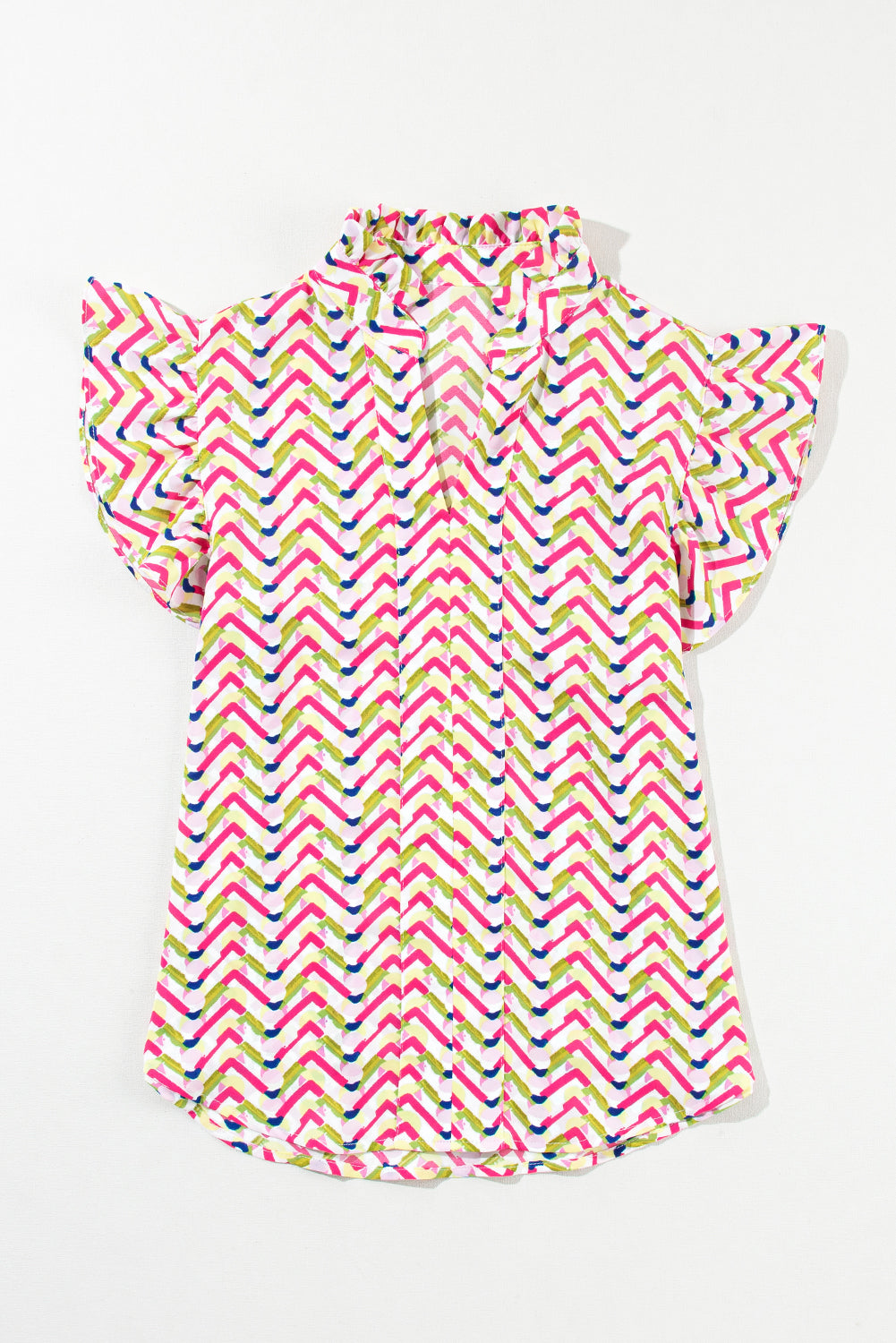 Multicolor Chevron Print Frill V Neck Ruffle Blouse