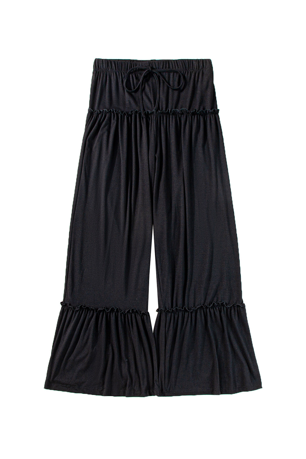 Black Frill Detail Drawstring High Waist Wide Leg Pants