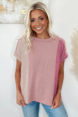 Pink Textured Colorblock Round Neck T Shirt