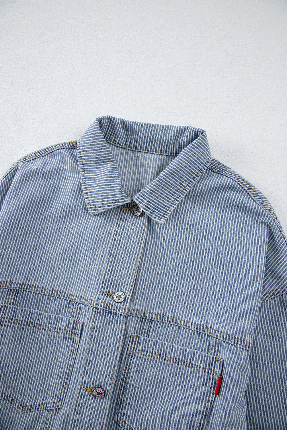 Sky Blue Stripe Washed Oversized Pocketed Denim Jacket