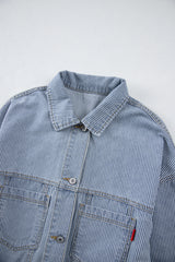 Sky Blue Stripe Washed Oversized Pocketed Denim Jacket