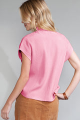 Wholesale Pink Patch Pocket Ribbed Knit Short Sleeve Sweater