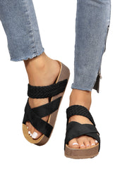 Black Braided Detail Criss Cross Platform Slides Shoes