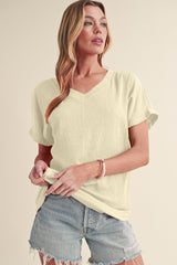 Apricot Solid Color Crinkled V Neck T Shirt