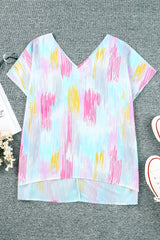 Multicolor Abstract Print V Neck Short Sleeve Dolman Blouse