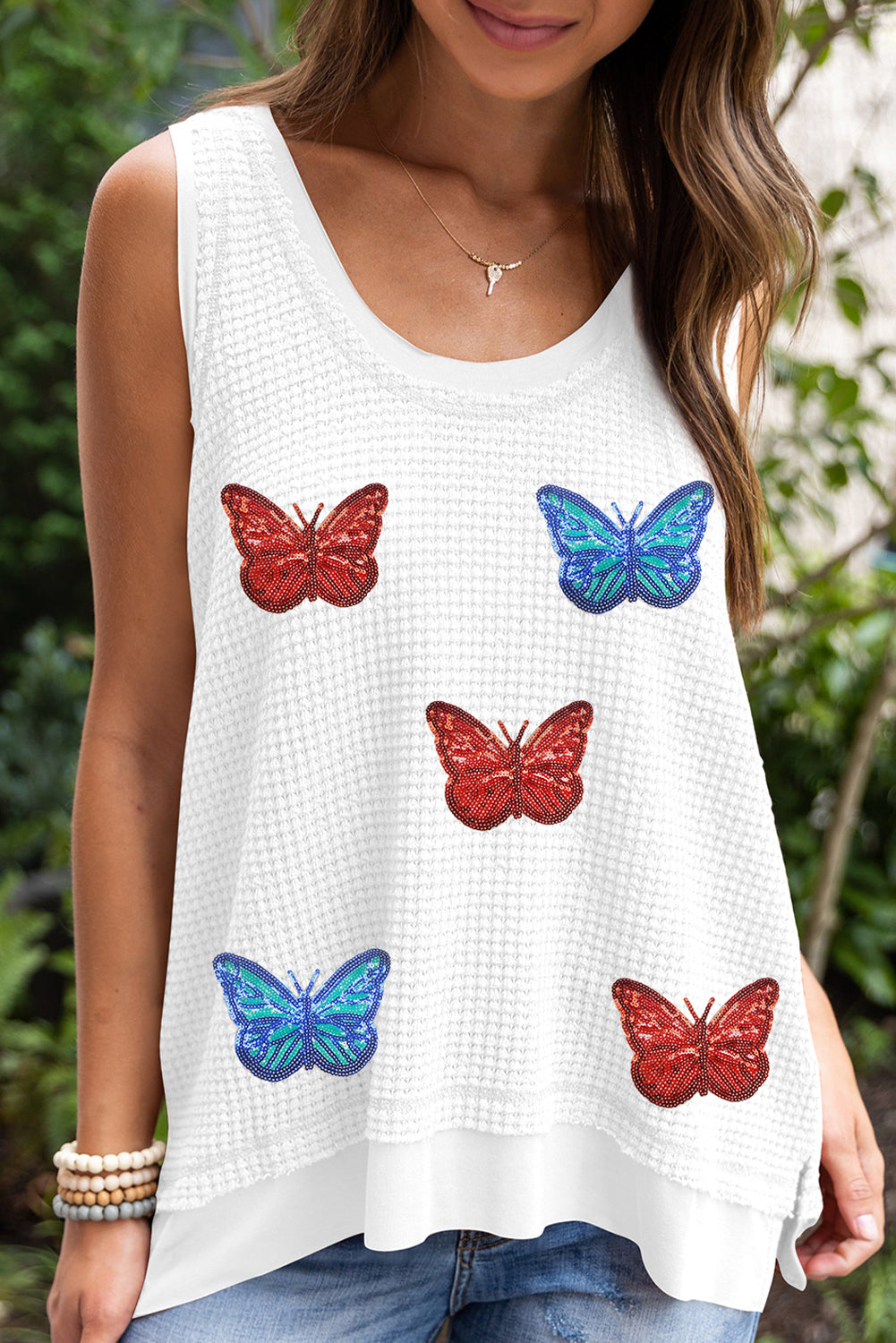 White Waffle Knit Sequin Butterfly Graphic Tank Top