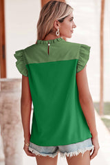 Bright Green Two Tone Pleated Ruffle Trim Blouse