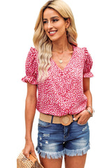 Pink Abstract Print Casual V Neck Ruffle Sleeve Blouse