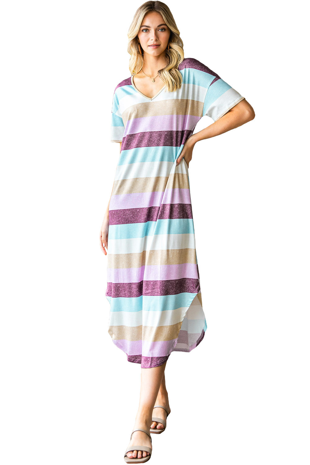 Multicolor Stripes Print Casual T Shirt Summer Dress