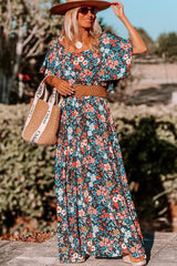 Sky Blue Boho Floral Print Knotted Backless Maxi Dress