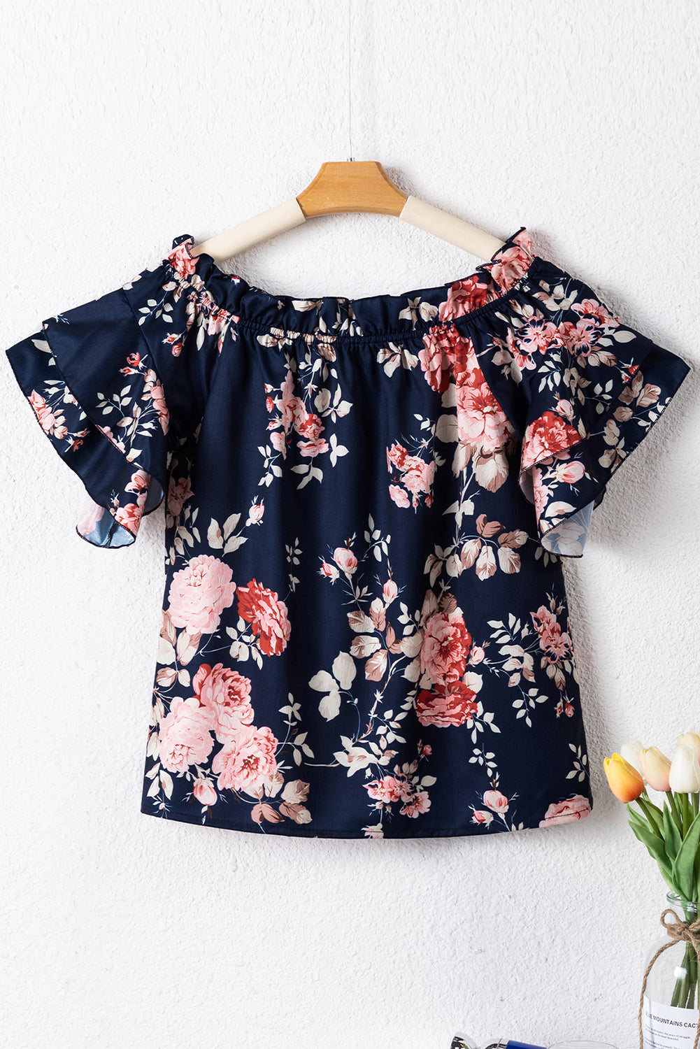 Blue Ruffle Off Shoulder Flounce Sleeve Floral Blouse