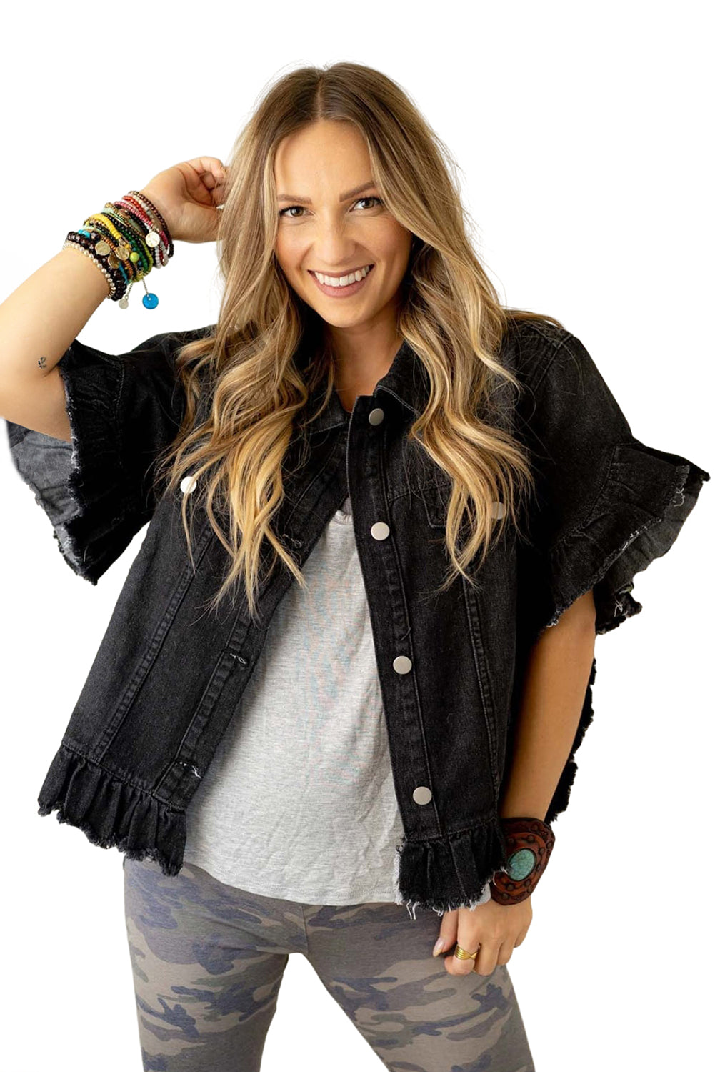 Black Raw Edge Ruffle Short Sleeve Denim Jacket