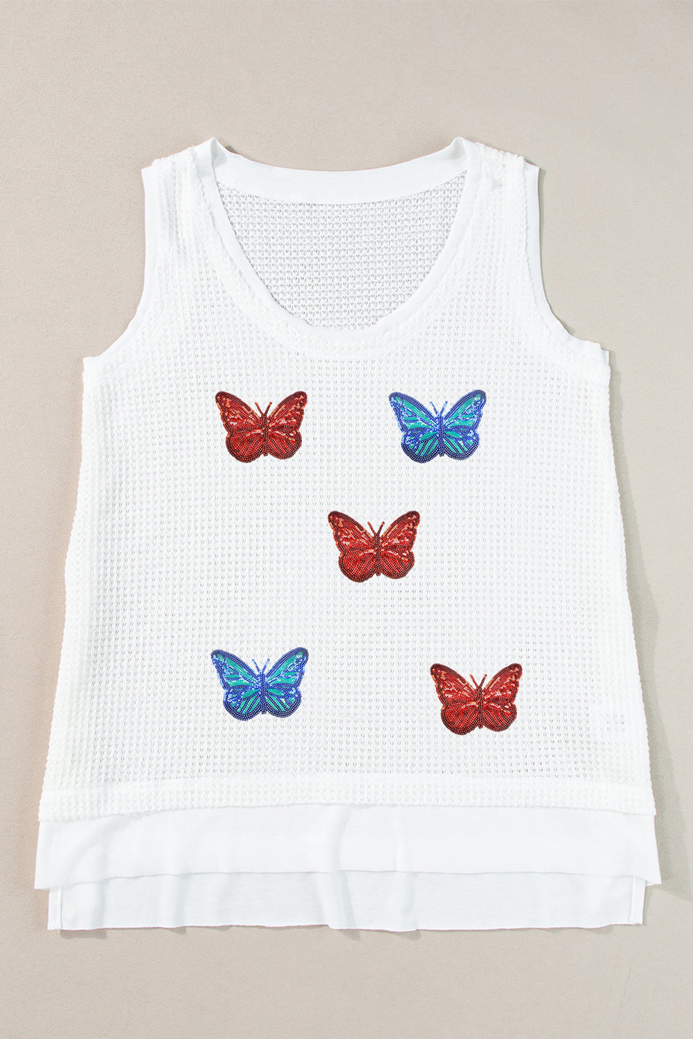 White Waffle Knit Sequin Butterfly Graphic Tank Top