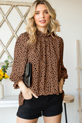 Brown Leopard Print Frill Neck 3/4 Sleeves Blouse