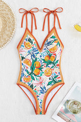 Orange Fruit Plant Print Tie Straps V Neck One Piece Swimsuit