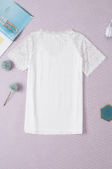 White V Neck Lace Splicing Eyelet Blouse