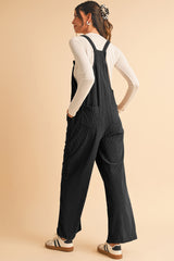 Black Plain Pocketed Loose Fit Corduroy Overalls