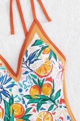 Orange Fruit Plant Print Tie Straps V Neck One Piece Swimsuit