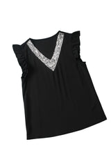 Black Sequin Splicing V Neck Flutter Sleeve Blouse