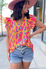 Orange Abstract Print V Neck Ruffled Sleeve Blouse