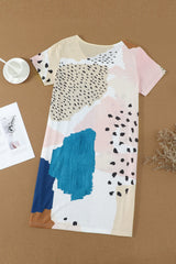 Tie Dye and Spotted Print Color Block Casual T Shirt Summer Dress