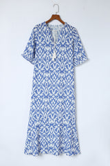 Sky Blue Geometric Print Casual V Neck Maxi Dress