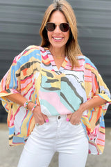 Multicolour Abstract Print V Neck Dolman Blouse