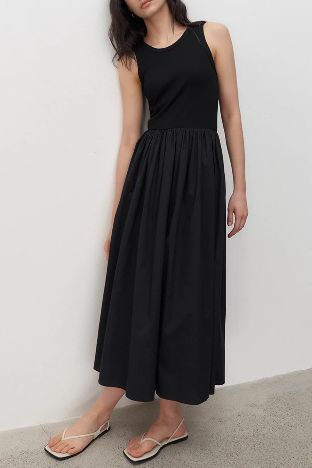 Black Solid Color Knitted Patchwork Sleeveless Midi Dress