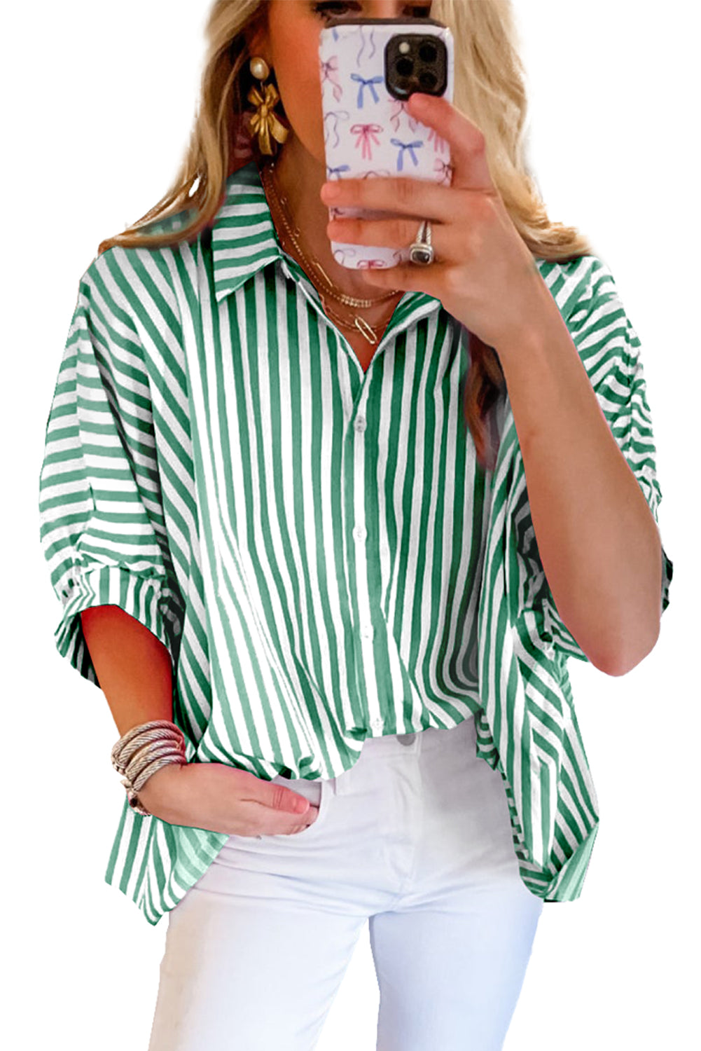 Green Stripe Dolman Sleeve Oversized Blouse