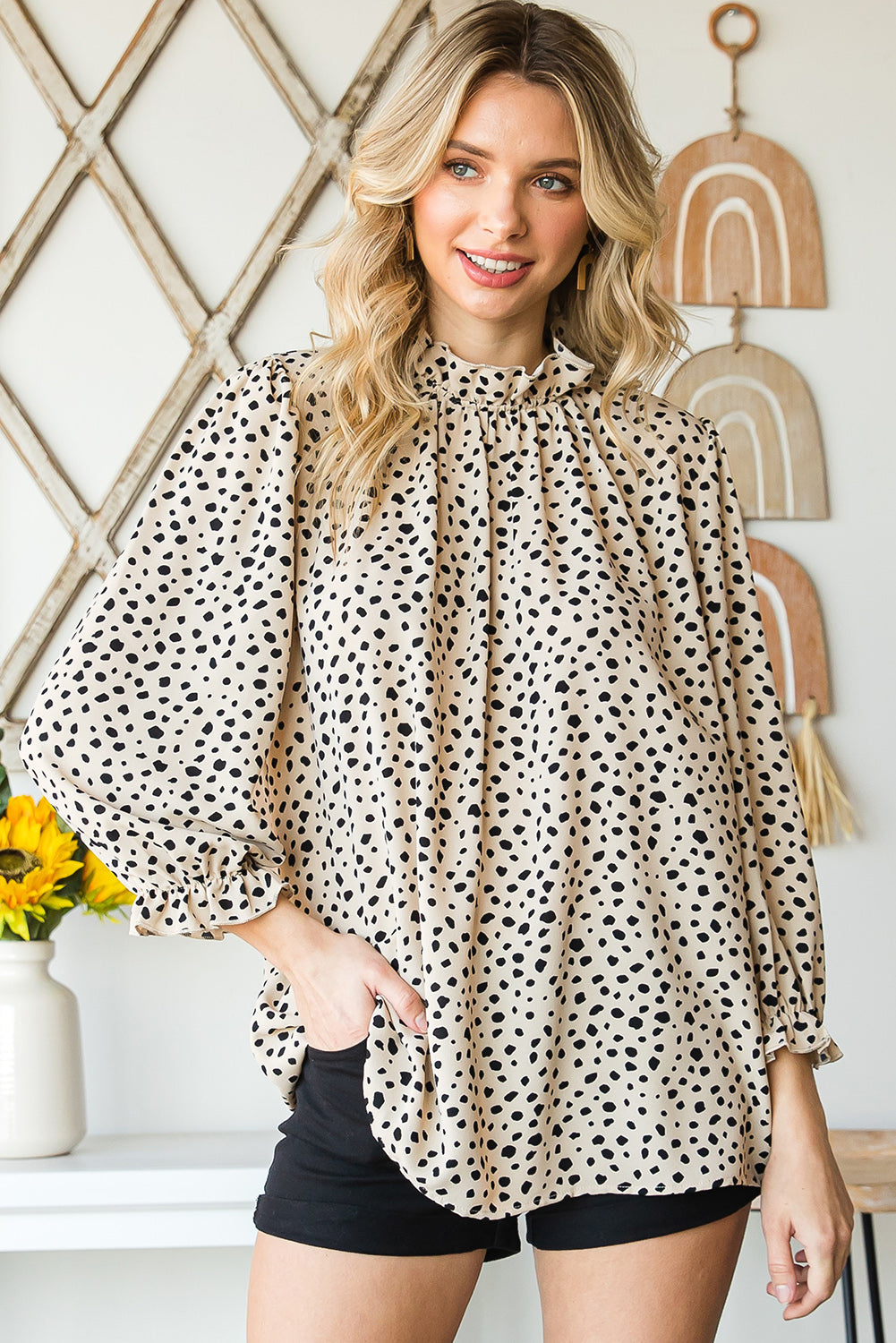 Khaki Leopard 3/4 Ruffle Sleeve Frill Neck Blouse