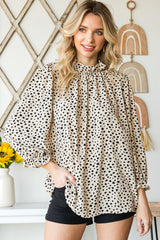 Khaki Leopard 3/4 Ruffle Sleeve Frill Neck Blouse