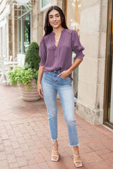 Purple Solid Color Half Sleeve Shirred V Neck Blouse