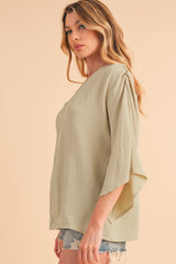 Parchment Solid Color Crinkled V Neck Ruffled Sleeve Blouse