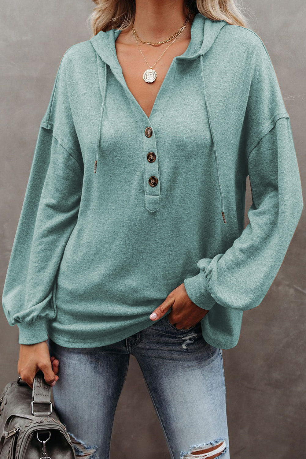 Green Button Front Pullover Hooded Sweatshirt