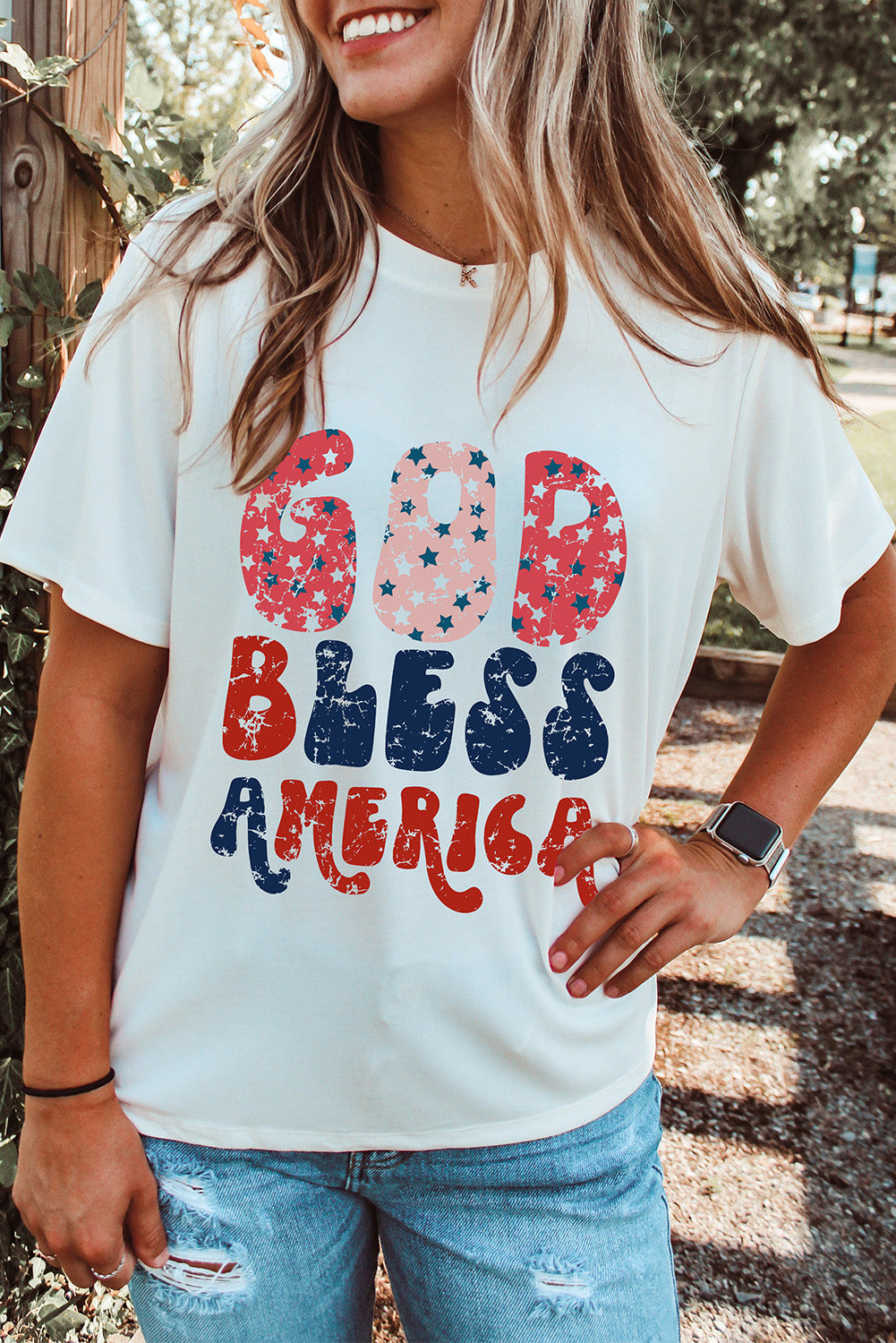 White God Bless America Graphic Round Neck Tee