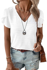 White Textured V-Neck Short Tulip Sleeve T Shirt