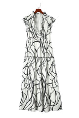 White Abstract Print V Neck Ruffle Maxi Dress