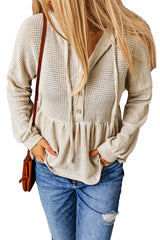 Apricot Waffle Casual Button Ruffle Knit Hoodie