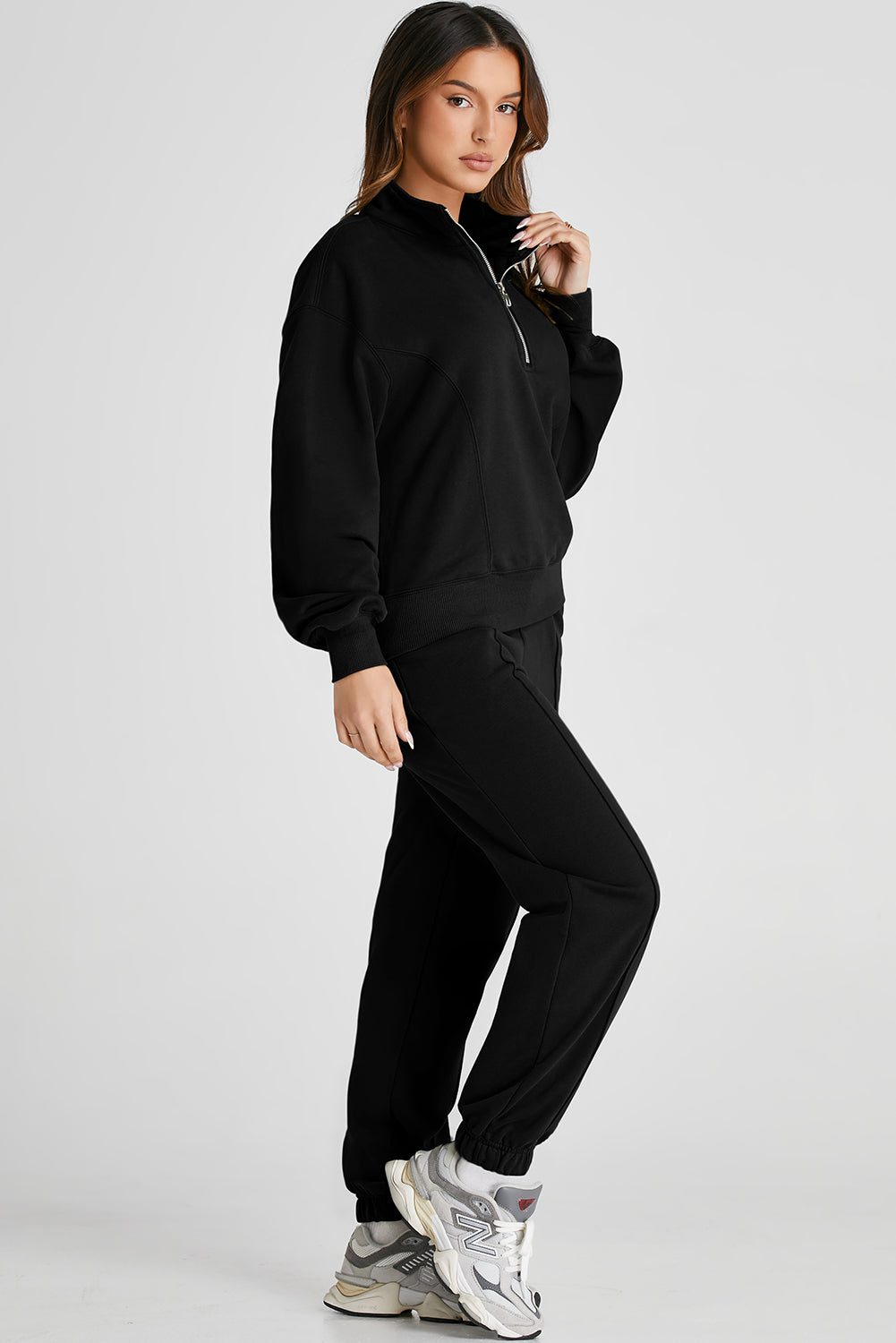 Black Solid Color Half Zip Up Pullover Top and Jogger Set