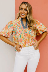 Multicolour Boho Floral V-Neck Puff Sleeve Blouse