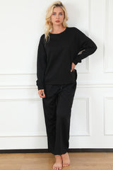 Black Textured Loose Slouchy Long Sleeve Top and Pants Set